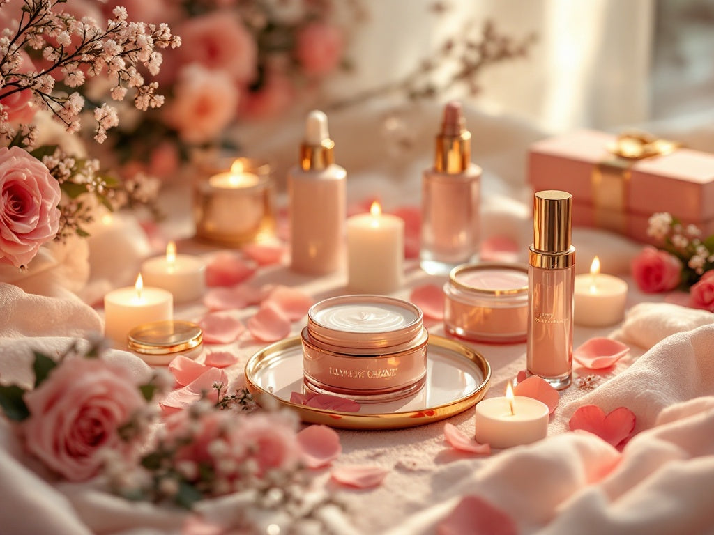 Elegant and glamorous self-care ritual scene with candles, rose petals, and high-end beauty products, reflecting a romantic and luxurious ambiance.