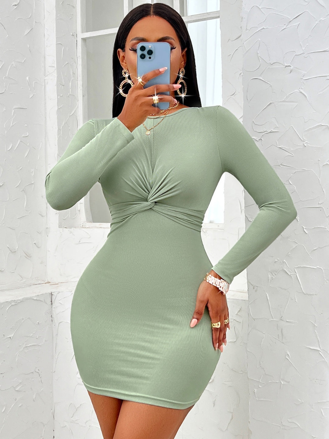 Twist Front Long Sleeve Dress - Vanity Couture