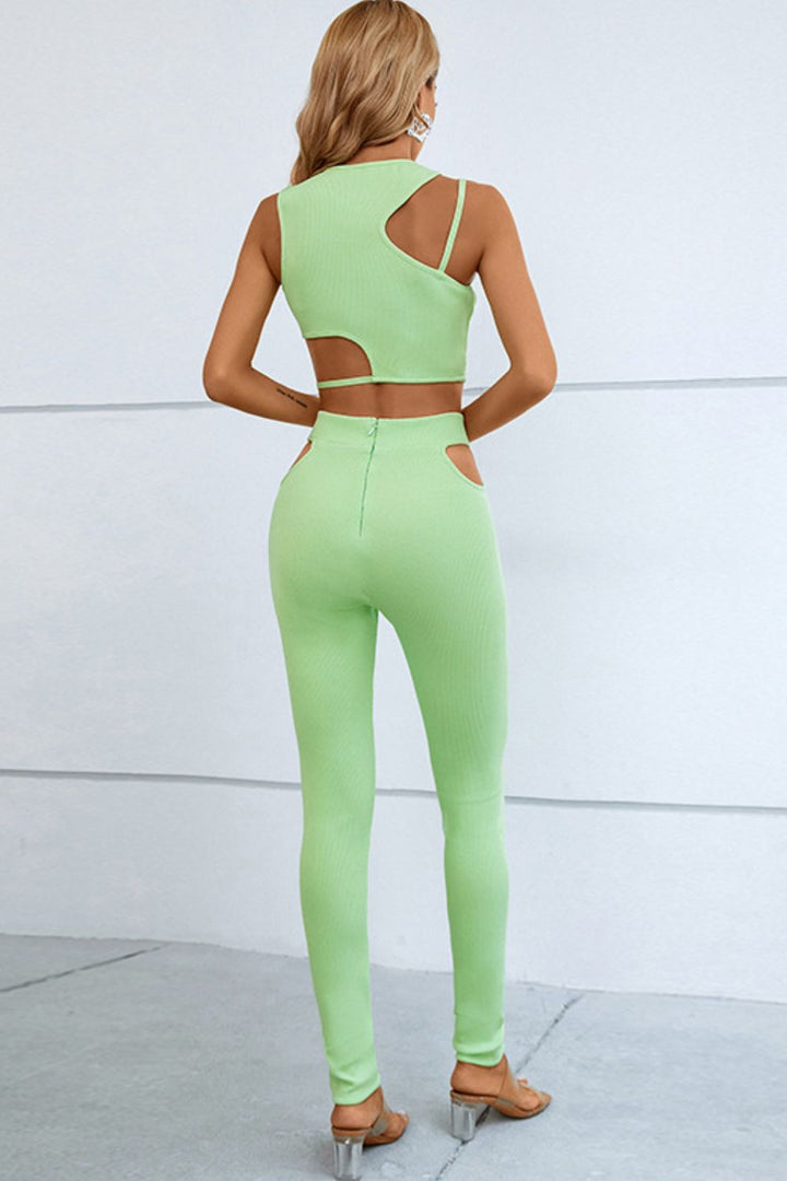 Monica Asymmetrical Ribbed Cutout Tank and Pant Set - Vanity Couture