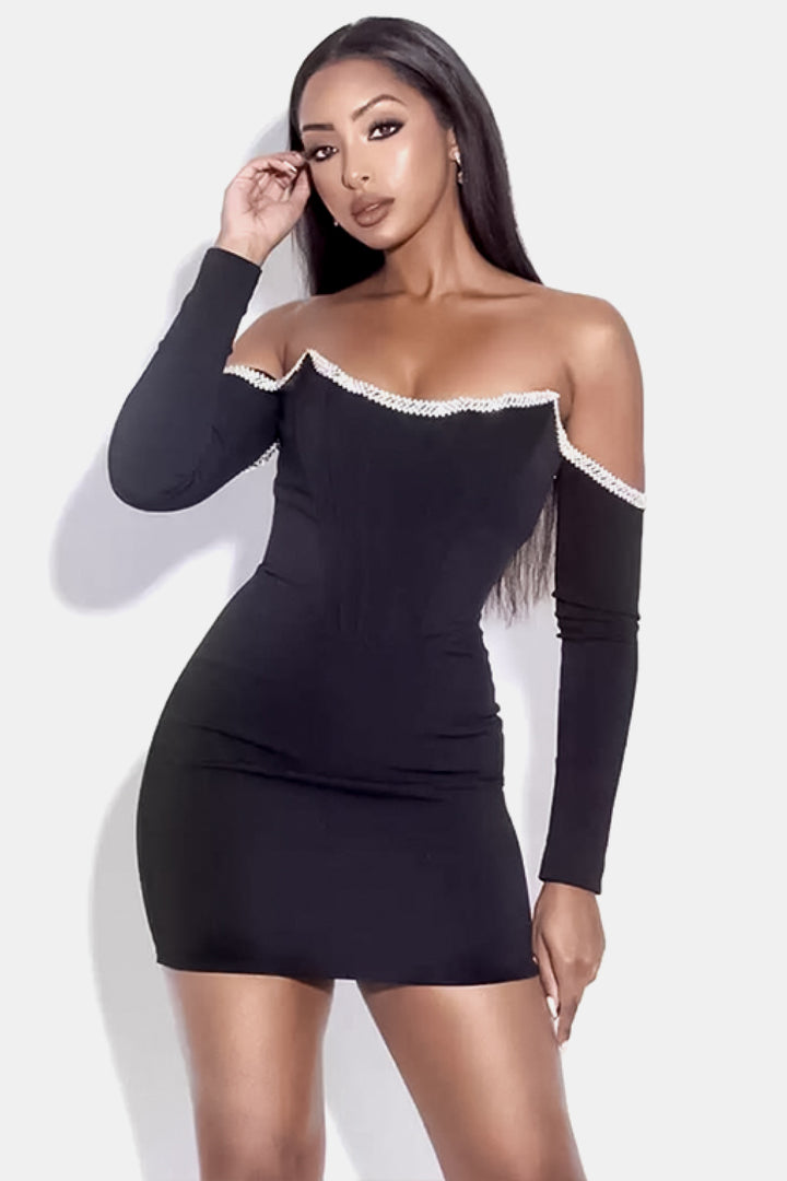 Rhinestone Trim Off-Shoulder Bandage Dress - Vanity Couture