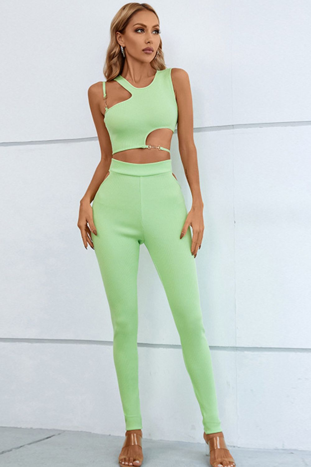 Monica Asymmetrical Ribbed Cutout Tank and Pant Set - Vanity Couture