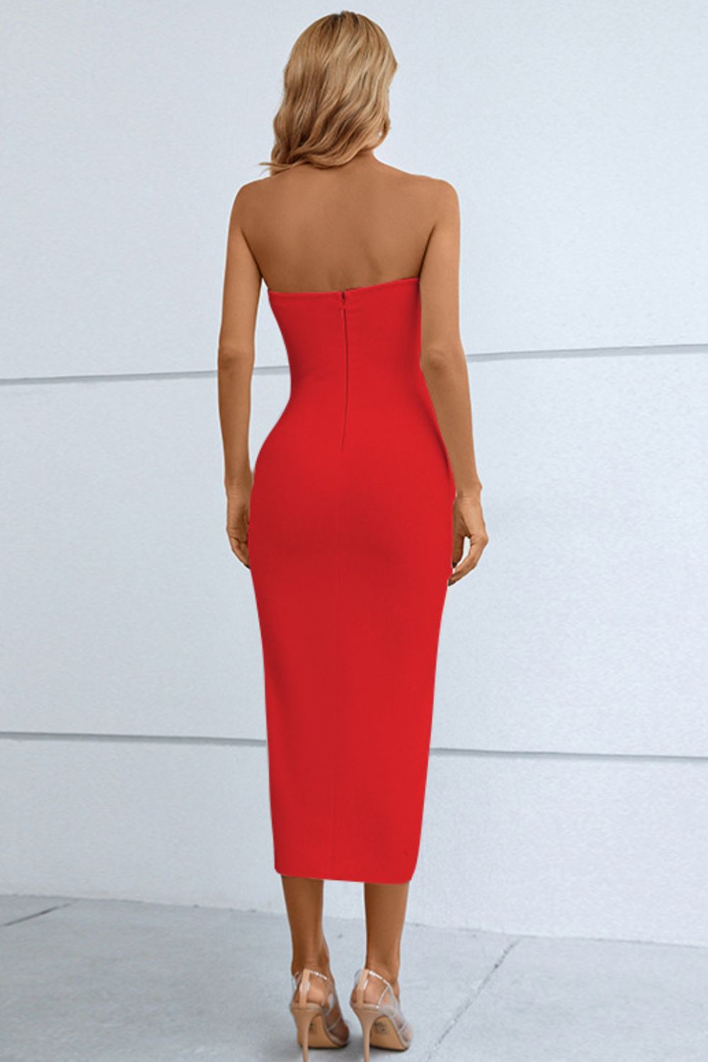 Cutout Strapless Drawstring Detail Split Bandage Dress - Vanity Couture