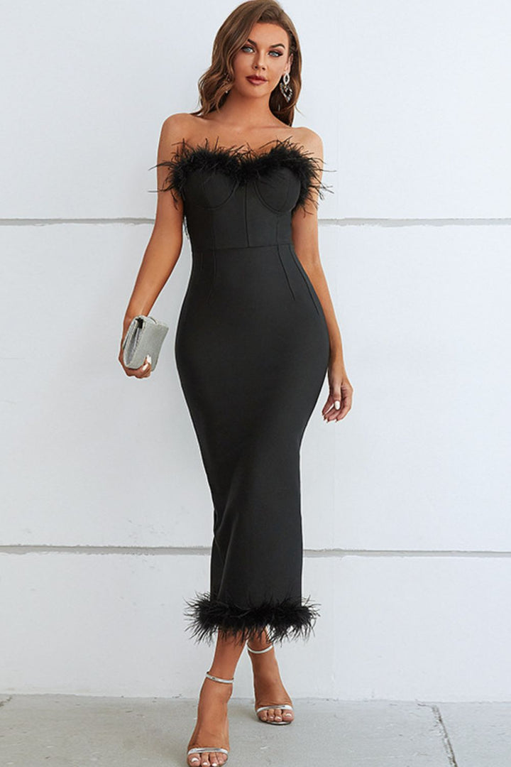 Madeline Feather Trim Strapless Sweetheart Neck Dress - Vanity Couture