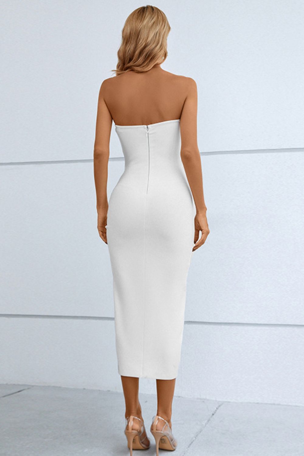 Cutout Strapless Drawstring Detail Split Bandage Dress - Vanity Couture