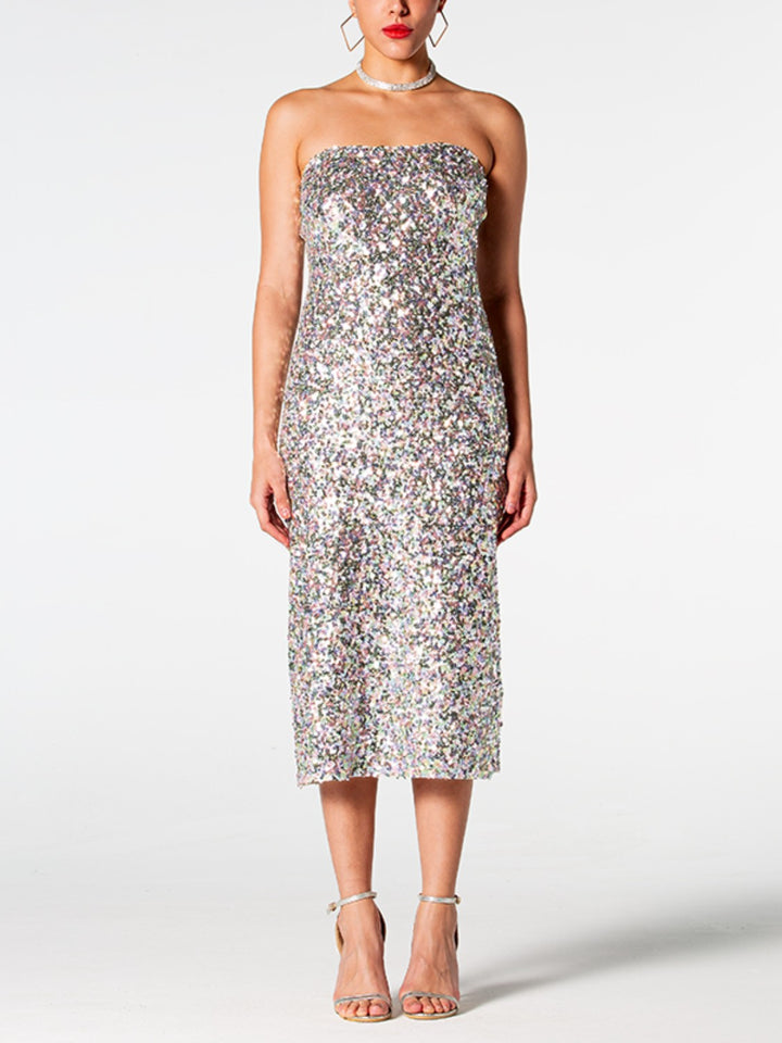 Sequin Straight Neck Midi Wrap Dress - Vanity Couture