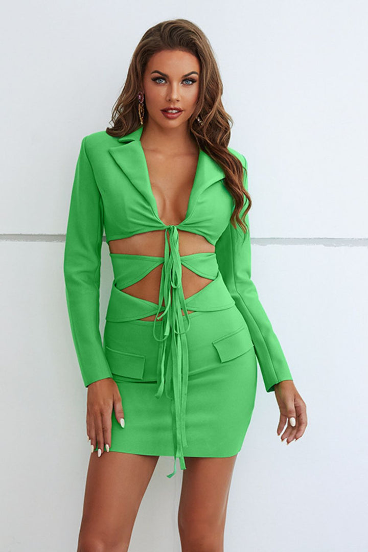 Dasha Cutout Tie Up Blazer and Skirt Set In Green - Vanity Couture