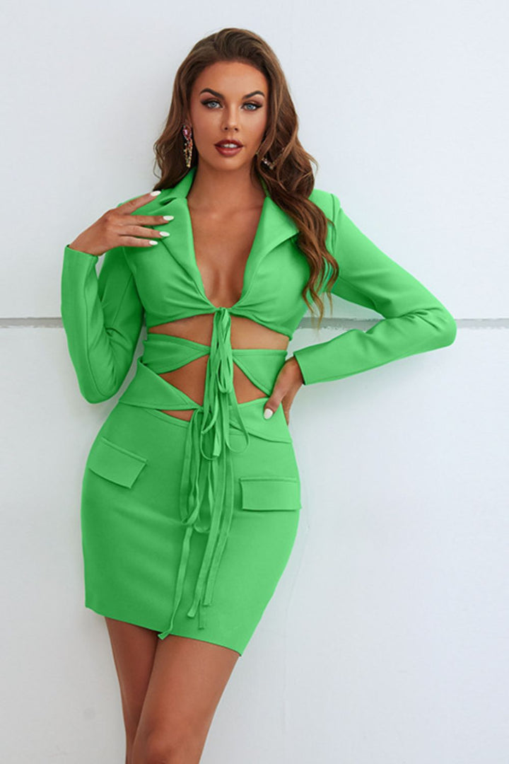 Dasha Cutout Tie Up Blazer and Skirt Set In Green - Vanity Couture