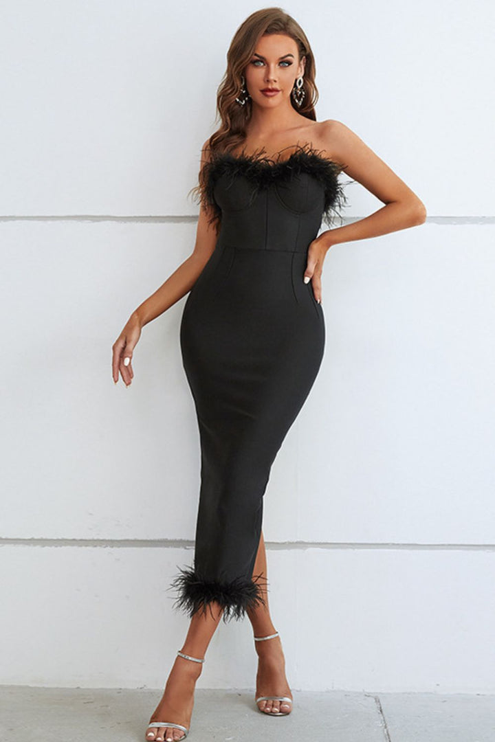 Madeline Feather Trim Strapless Sweetheart Neck Dress - Vanity Couture