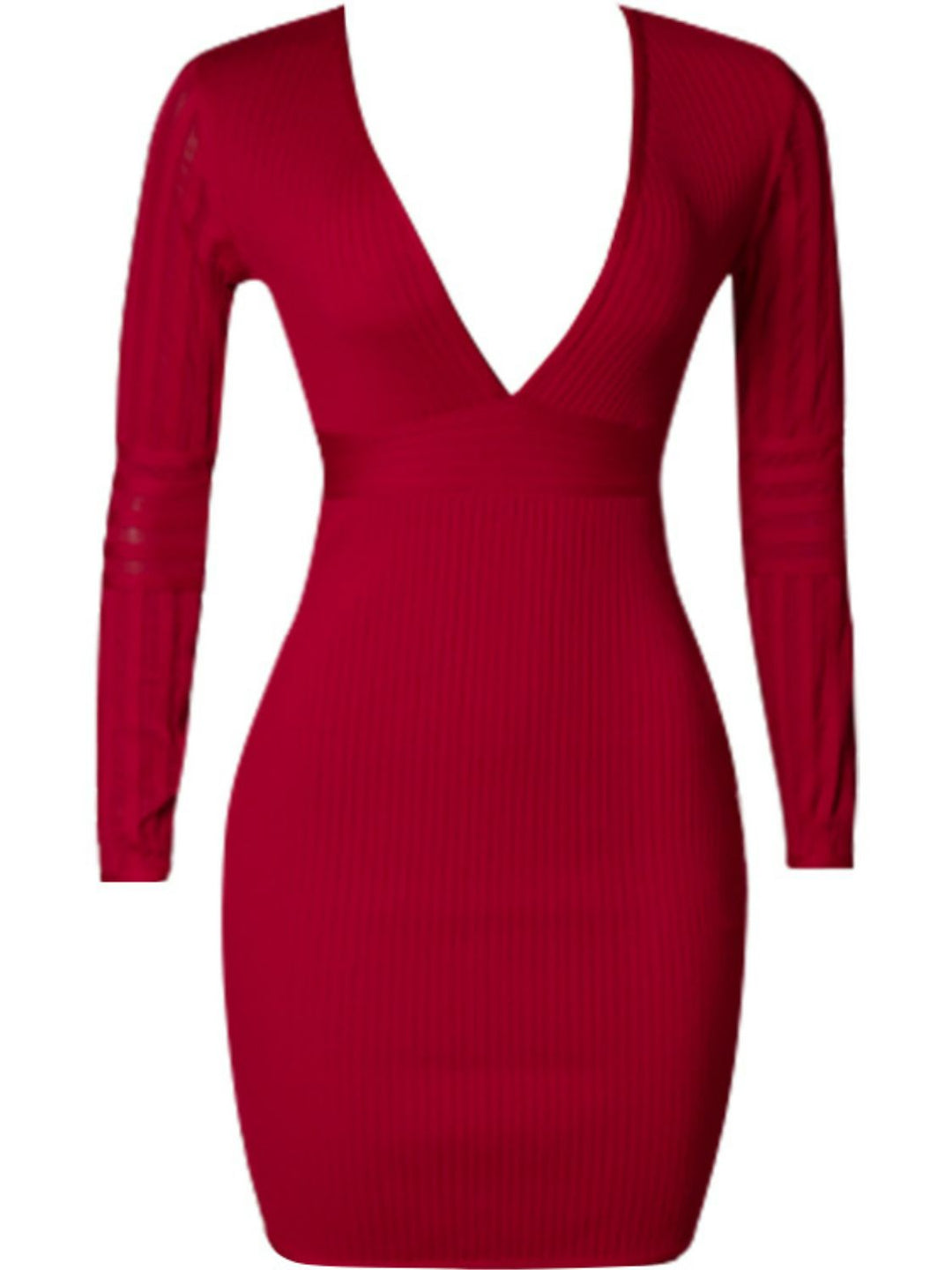 Camilla Ribbed Plunge Long Sleeve Bandage Dress - Vanity Couture