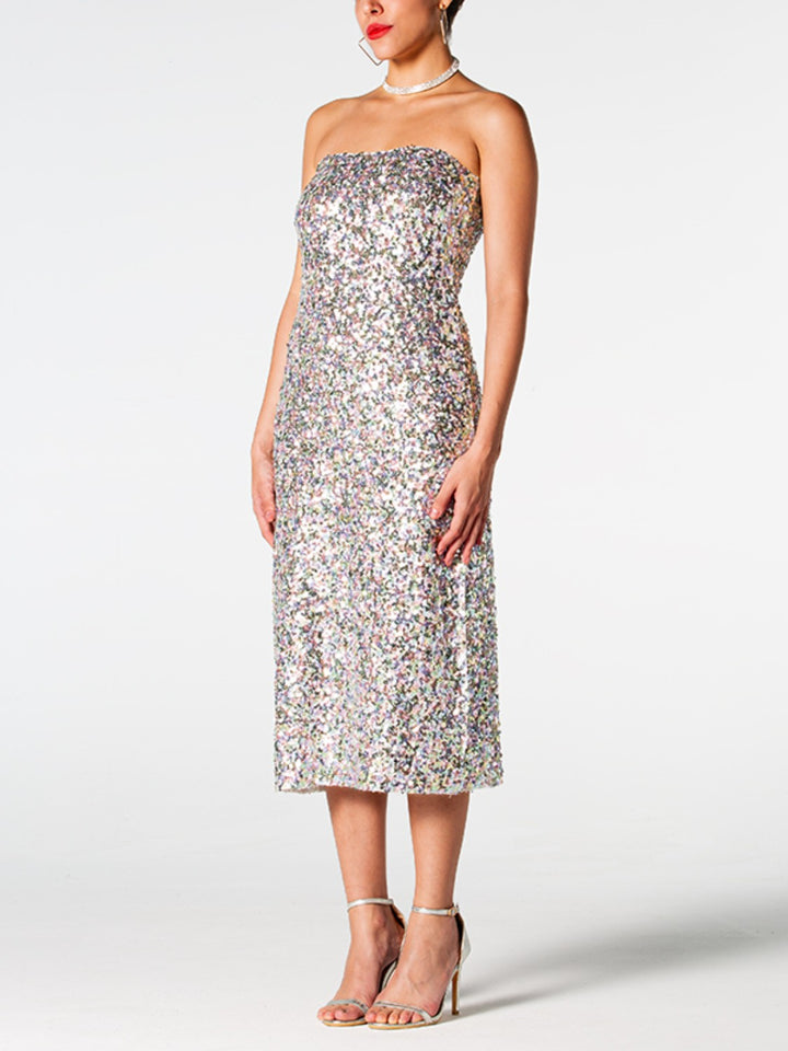 Sequin Straight Neck Midi Wrap Dress - Vanity Couture