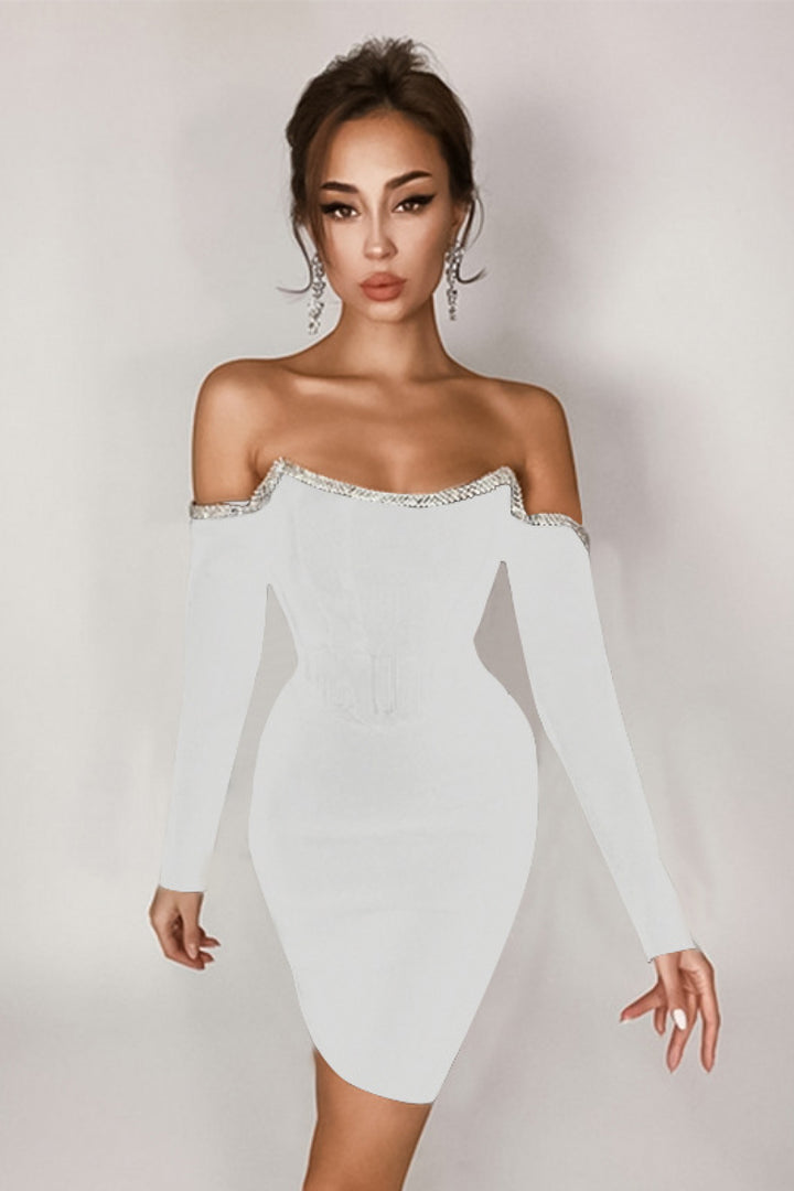 Rhinestone Trim Off-Shoulder Bandage Dress - Vanity Couture