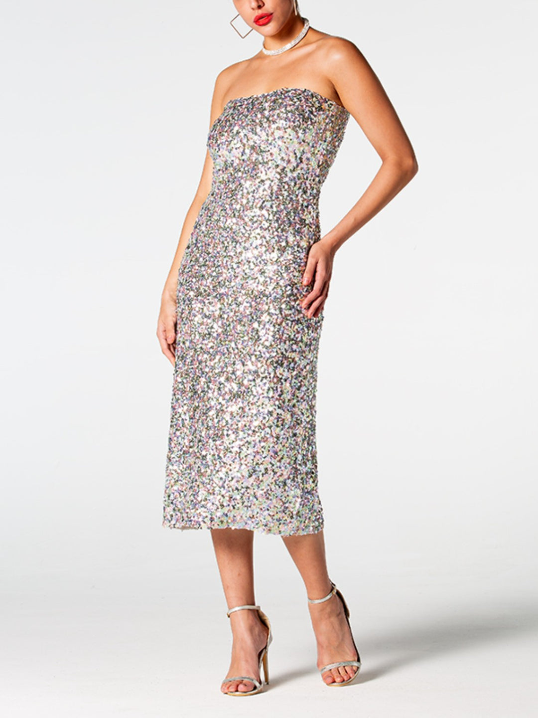 Sequin Straight Neck Midi Wrap Dress - Vanity Couture