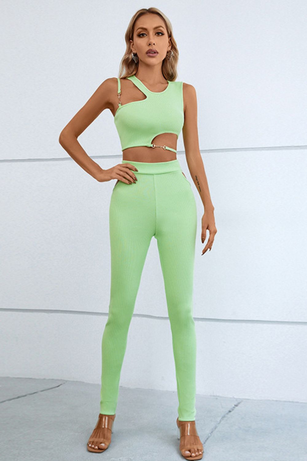 Monica Asymmetrical Ribbed Cutout Tank and Pant Set - Vanity Couture