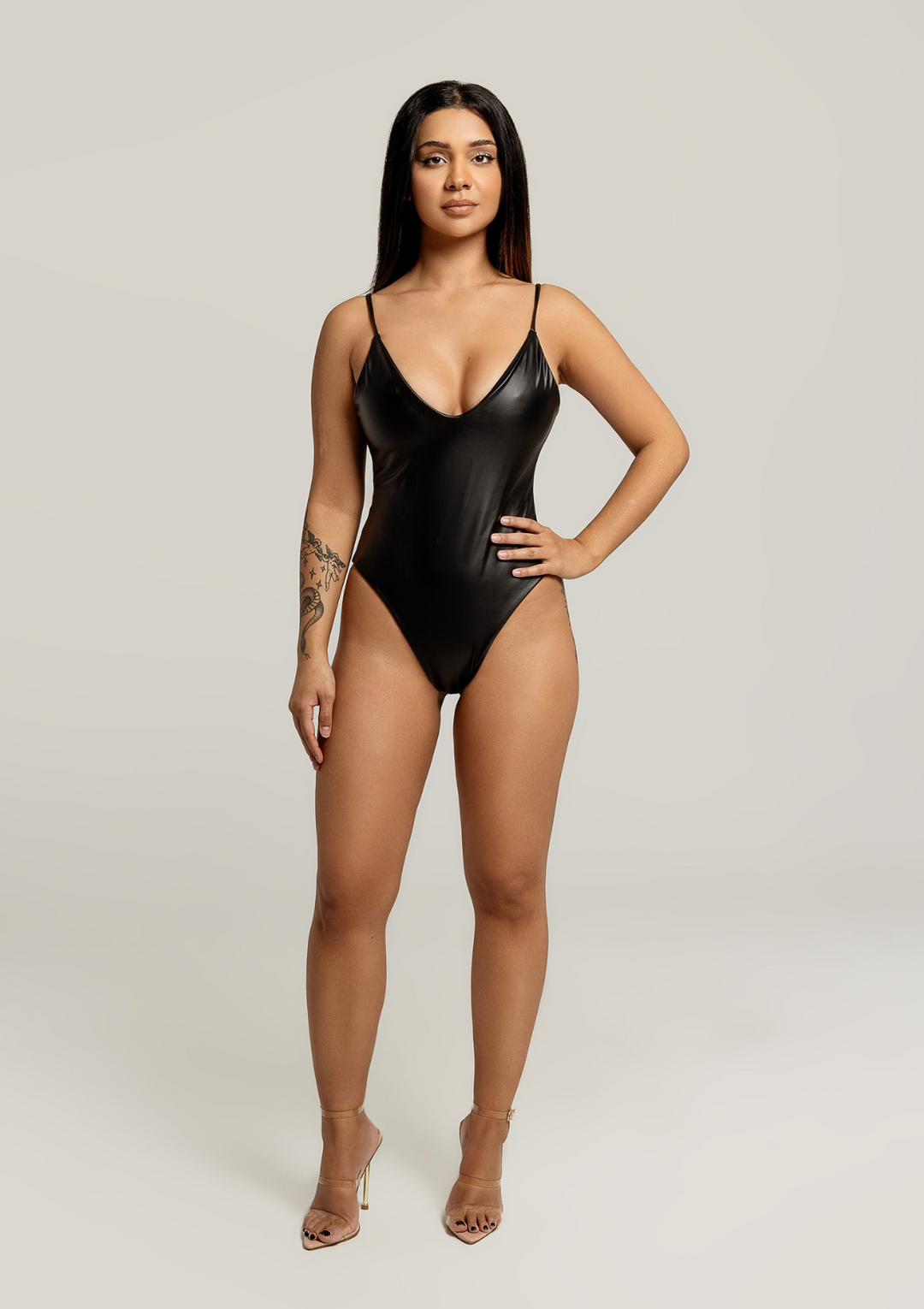 Black leather one piece swimsuit on sale