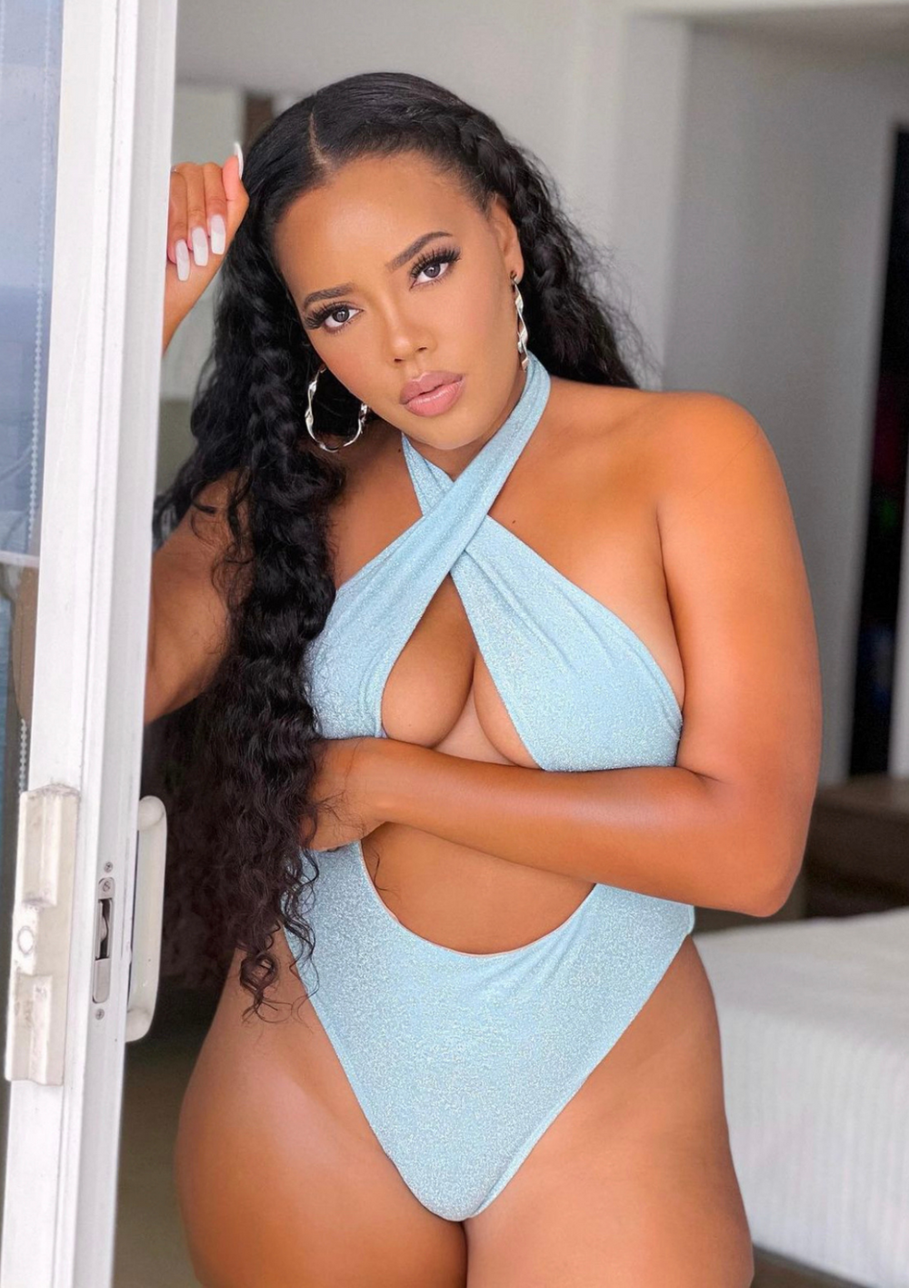 Angela-Simmons-Swimsuit-Womens-Trending-Sexy-Luxury-Swimwear-Glitter-Sparkle-String-Baby-Blue-Criss-Cross-One-Piece|Vanity-Couture-Boutique