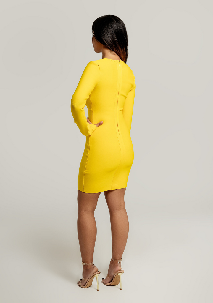 Mariah-Deep-V-Chain-Long-Sleeve-Dress-Yellow-Womens-Fashion-Sexy-Chic|Vanity-Couture-Boutique