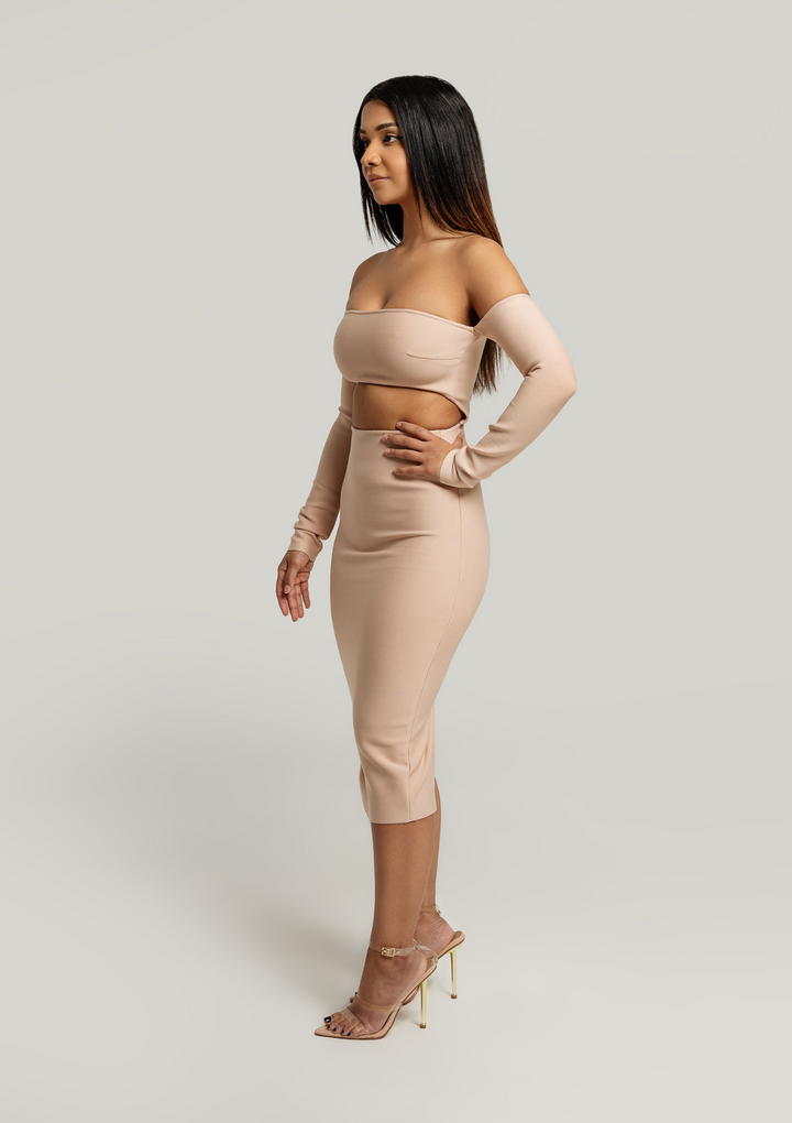 Bella-Off-The-Shoulder-Long-Sleeve-Dress-Nude-Strapless-Bandage-Sexy-Womens-Fashion|Vanity-Couture-Boutique